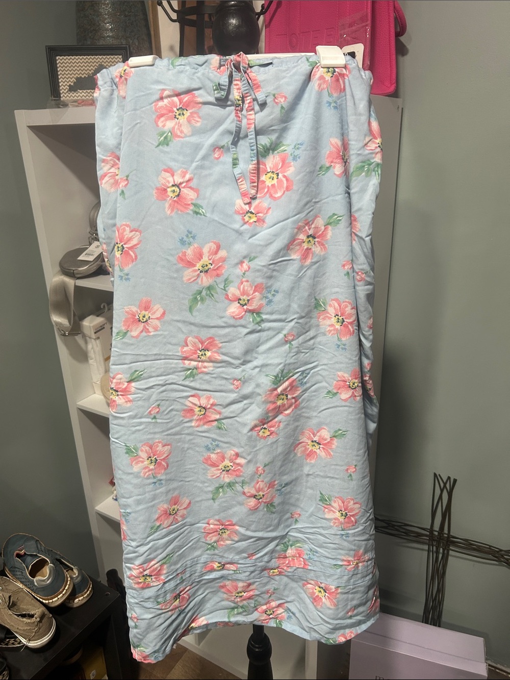 Light Blue Floral Maxi Skirt with Pink Flowers